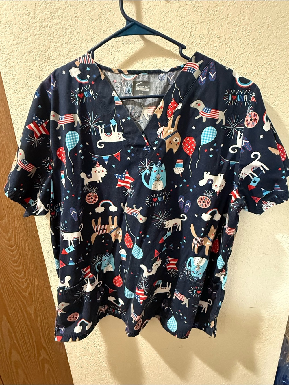 Butter Soft Navy Printed V-Neck Scrub Top with Patriotic Animal Motif
